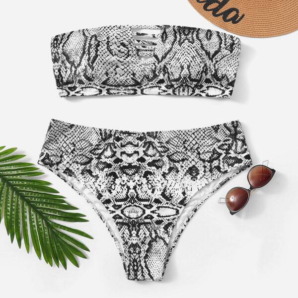 

Plus Random Snakeskin Bandeau With High Waist Bikini, Multicolor