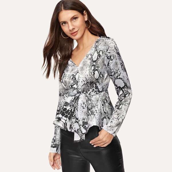 

Snakeskin Print Tie Waist Peplum Top