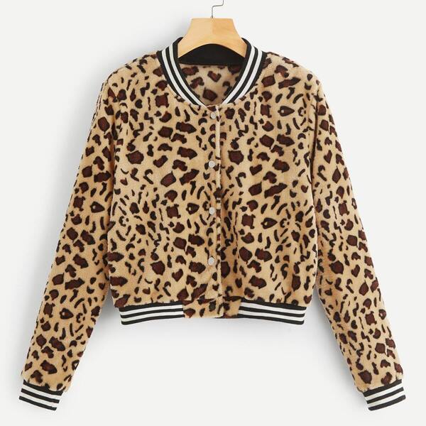 

Button Up Leopard Bomber Teddy Jacket