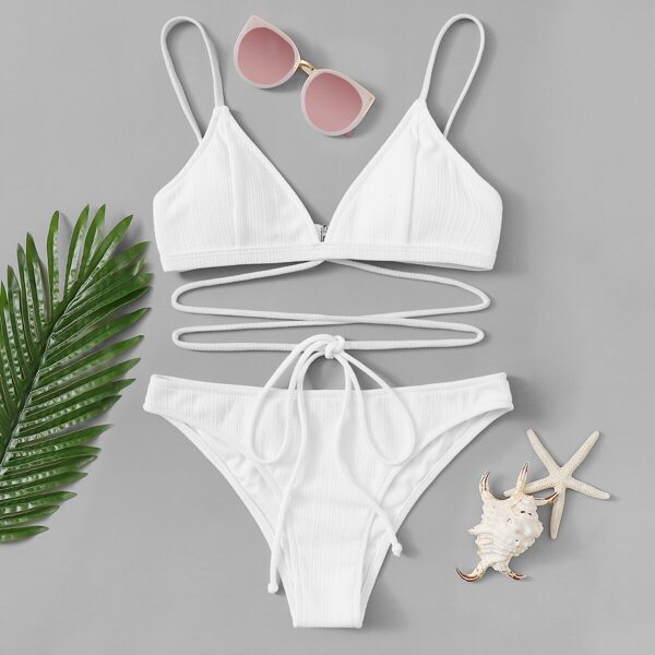 

Lace Up Solid Rib-knit Bikini Set