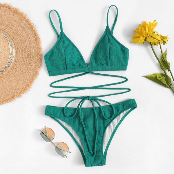 

Self-tie Plain Bikini Set, Green