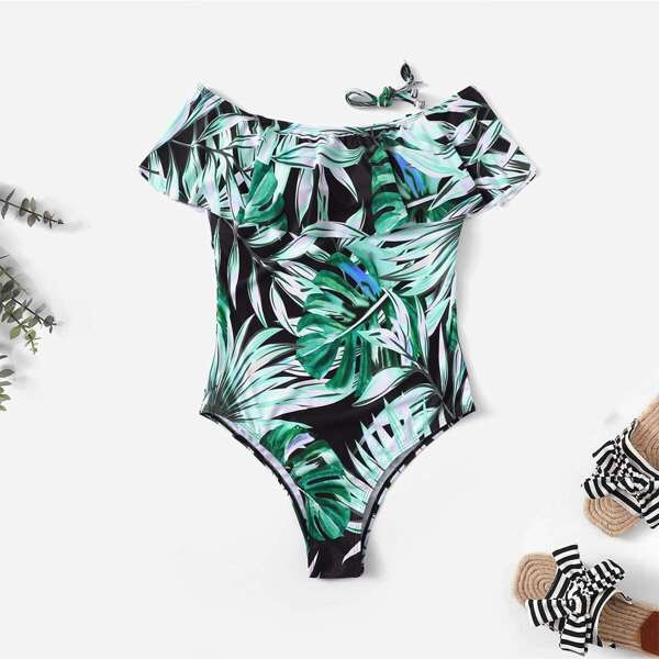 

Random Leaf Print Flounce One Piece Swimsuit, Multicolor