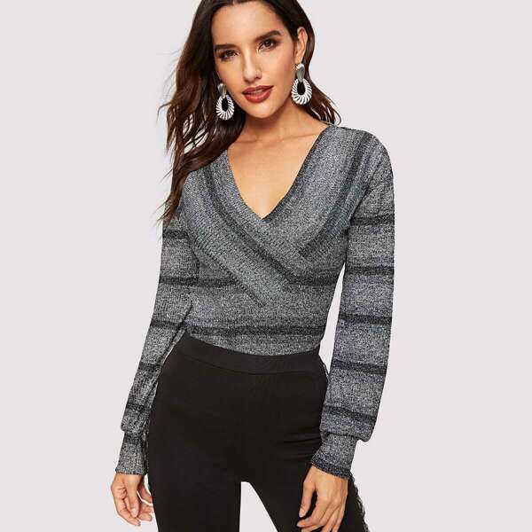 

Surplice Neck Striped Marled Knit Top