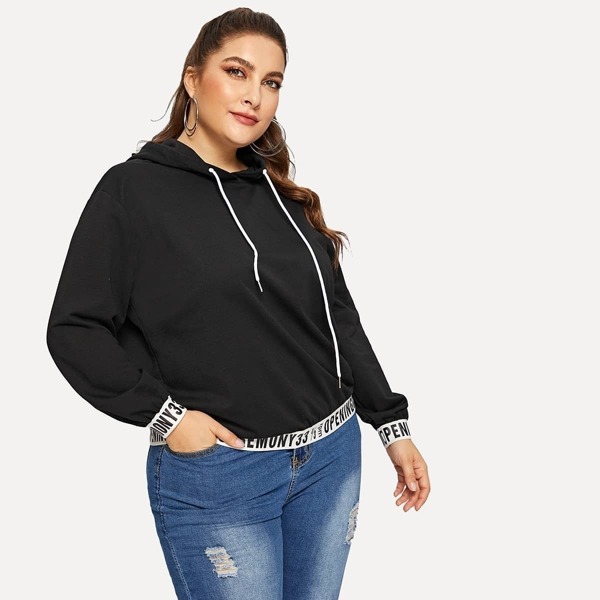 

Plus Letter Print Trim Drawstring Hoodie