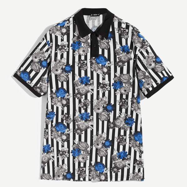 

Men Striped and Floral Print Polo Shirt