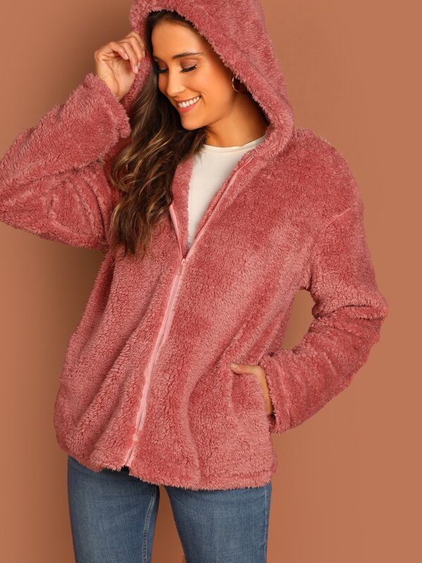 

Zip Up Hooded Teddy Jacket, Pink, Anna Herrin