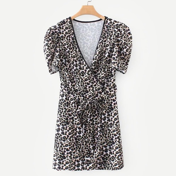

Self Tie Leopard Print Puff Sleeve Dress