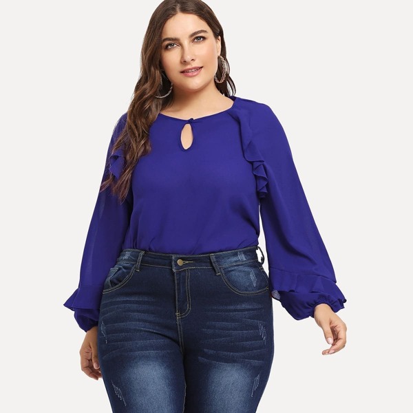 

Plus Solid Frill Trim Blouse