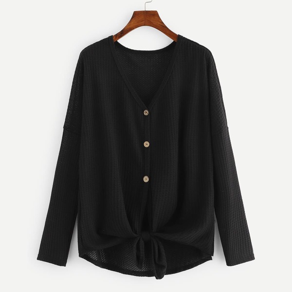 

Plus Single-breasted Knot Hem Blouse, Black