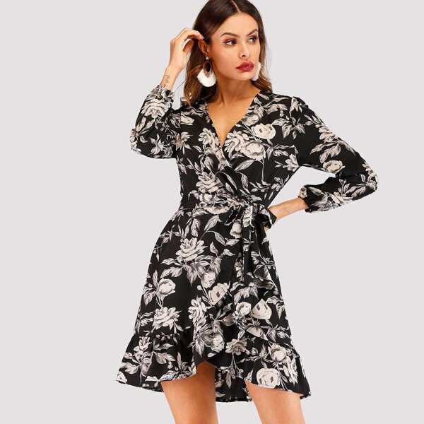 

Self Tie Ruffle Hem Floral Print Dress