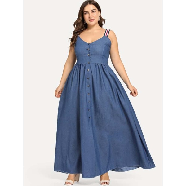 

Plus Button Decoration Dress, Blue
