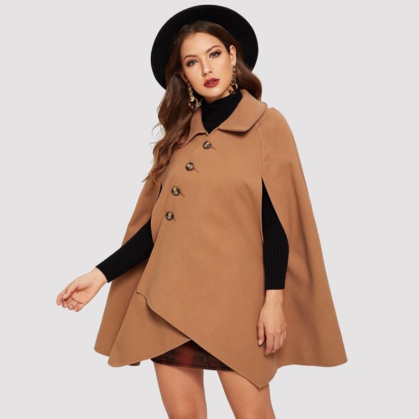 

Asymmetric Buttoned Placket Cape Coat
