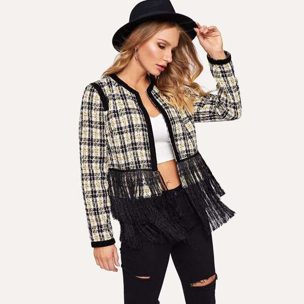 

Fringe Hem Tweed Coat, Multicolor