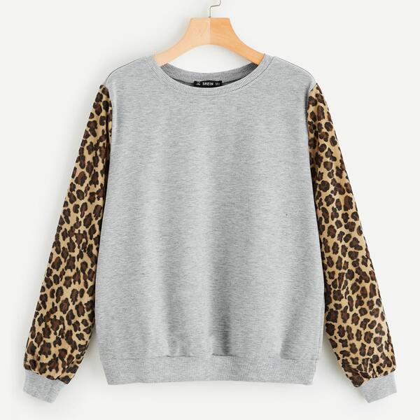 

Leopard Sleeve Heather Grey Pullover