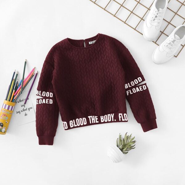 

Girls Cutout Sleeve Keyhole Back Textured Letter Pullover