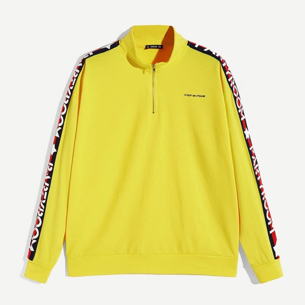 

Men Letter & Stripe Print Sleeve Half Placket Pullover, Yellow