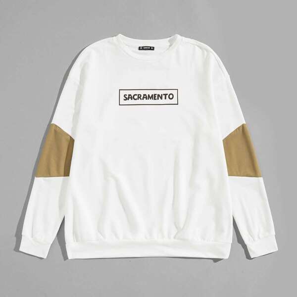 

Men Letter Print Color-block Pullover