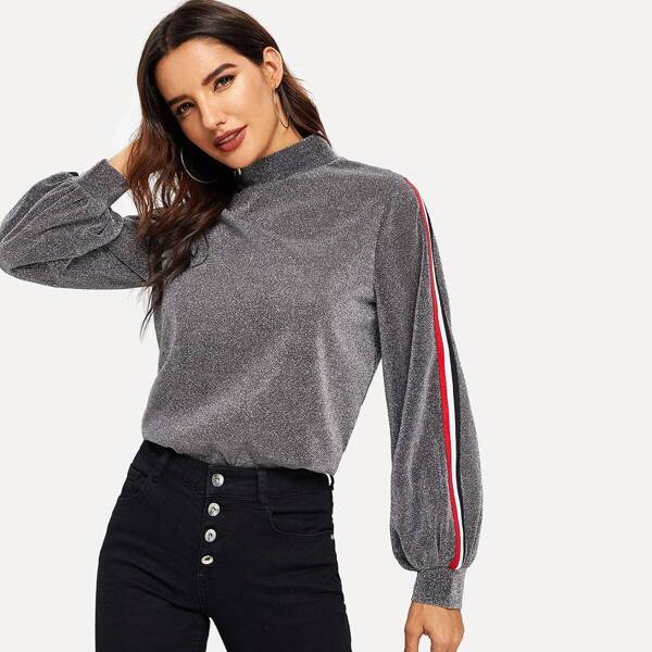 

Mock-neck Striped Lantern Sleeve Glitter Pullover