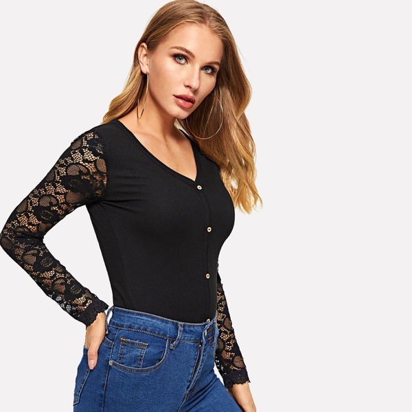 

Button Front V-neck Lace Tee