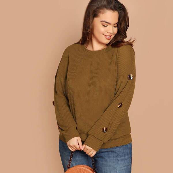 

Plus Button Detail Rib Knit Pullover