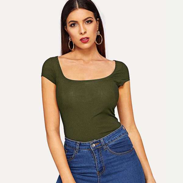 

Scoop Neck Rib-knit Form Fitting Tee