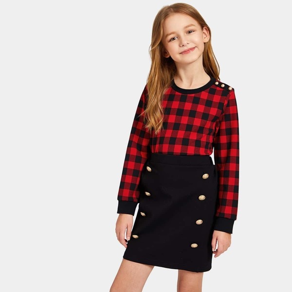 

Girls Grid Pullover & Double Button Skirt Set