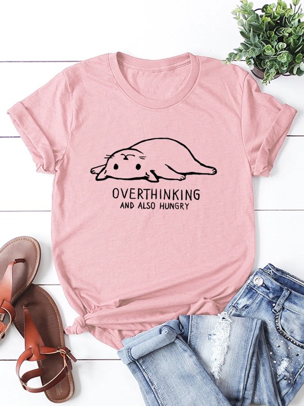 

Cartoon & Letter Graphic Tee, Pink