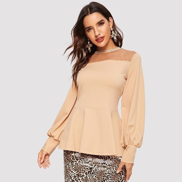 

Mesh Yoke Lace Trim Keyhole Back Peplum Top