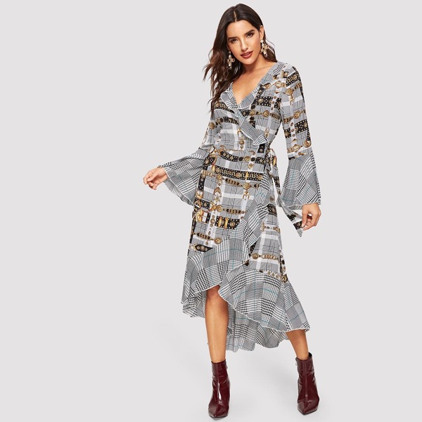 

Chain & Plaid Print Ruffle Wrap Dress