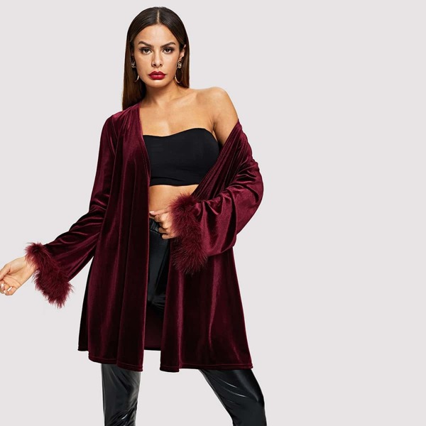 

Faux Fur Cuff Belted Velvet Coat