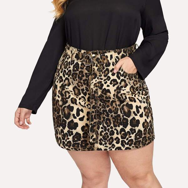 

Plus Leopard Pattern Denim Skirt With Belt, Multicolor