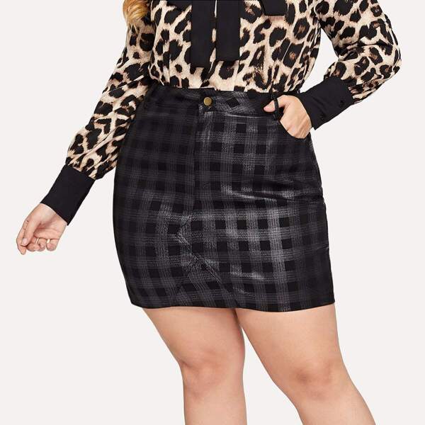 

Plus Tartan Plaid Denim Skirt, Black