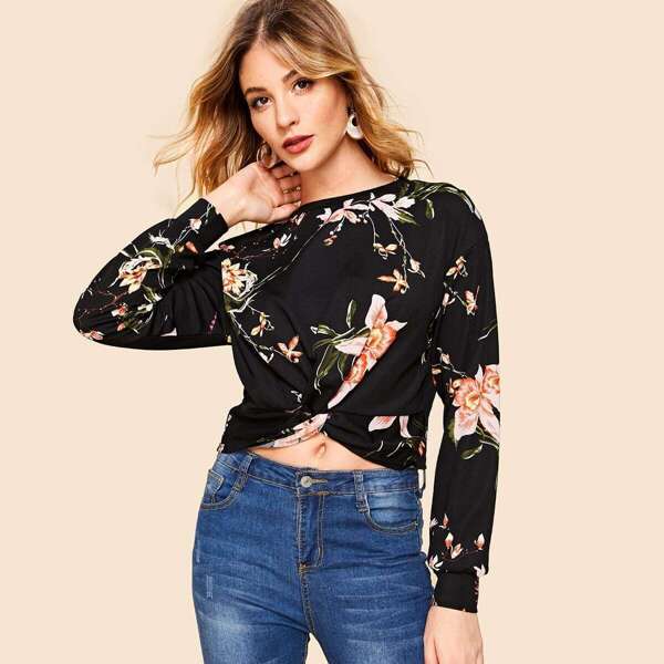 

Twist Front Floral Print Pullover