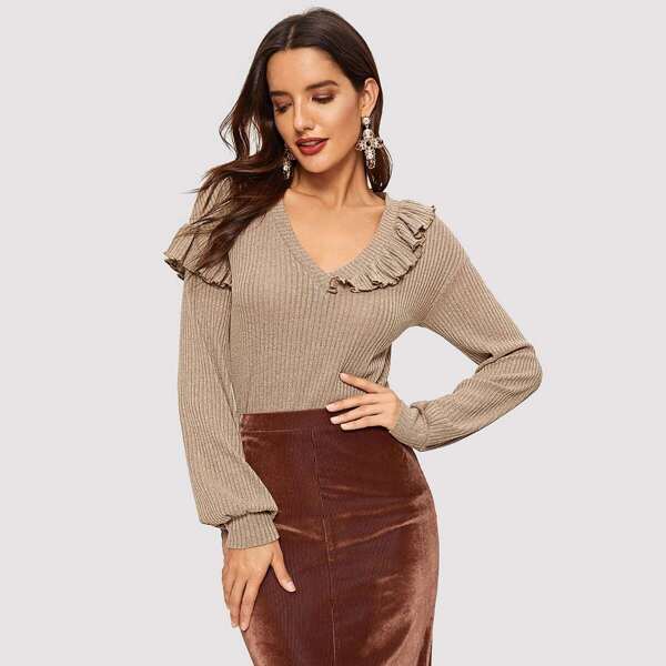 

V-neck Ruffle Trim Rib-knit Tee