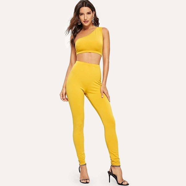 

Asymmetrical Neck Solid Crop Top & Leggings Set