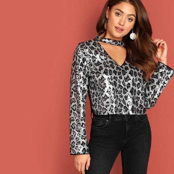 

Choker Neck Mesh Back Leopard Sequin Top, Multicolor