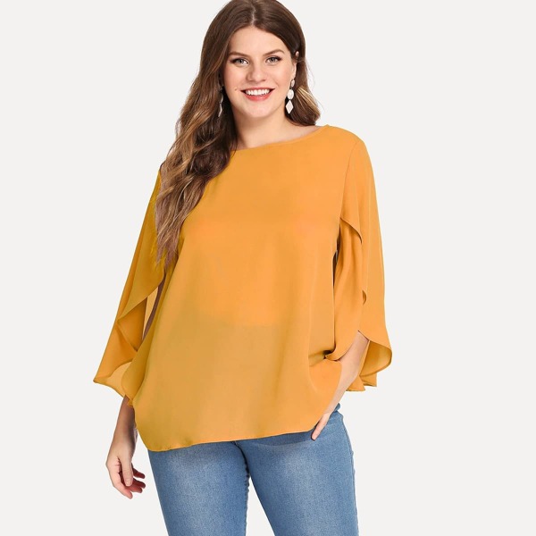 

Plus Slit Flounce Sleeve Solid Top