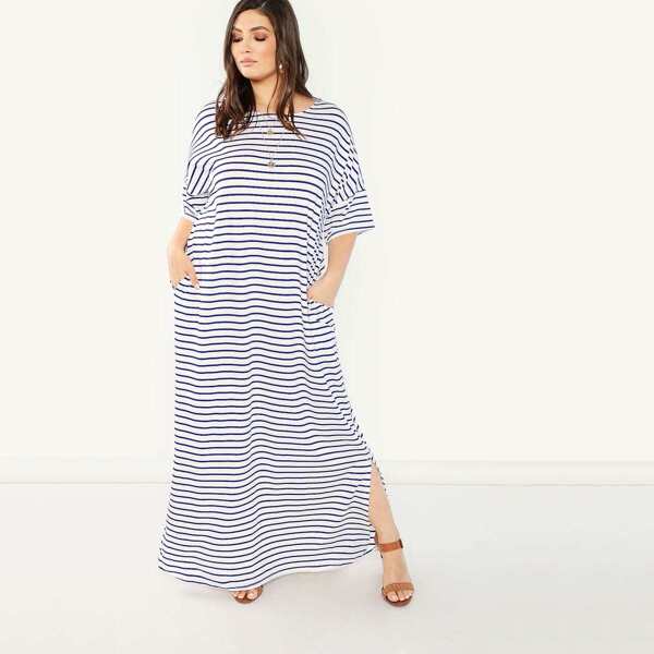 

Plus Pocket Side Slit Hem Striped Dress, White