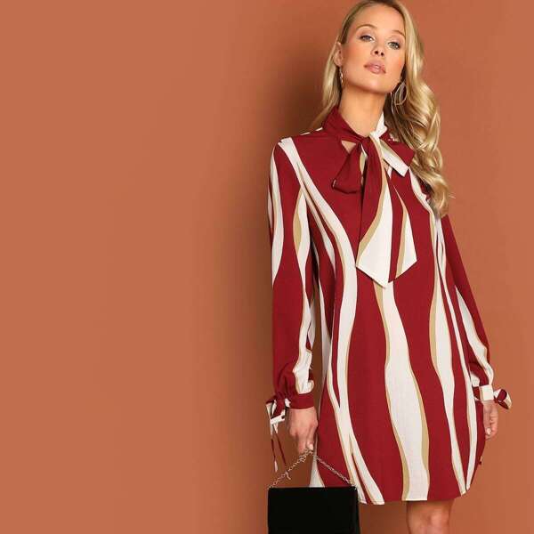 

Tie Neck Knot Sleeve Striped Dress