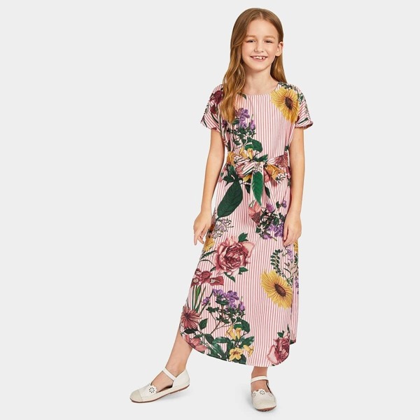 

Girls Knot Front Flower and Striped Print Dress