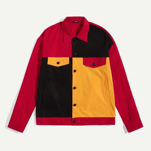 

Men Button & Pocket Up Color-block Jacket