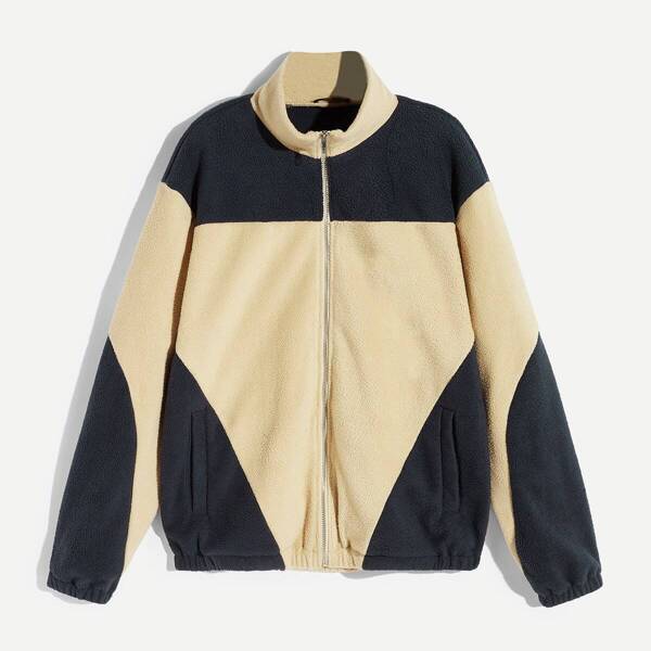 

Men Zip Up Color-block Teddy Jacket, Multicolor