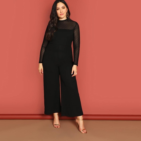 

Plus Mock-neck Mesh Yoke Wide Leg Jumpsuit, Black