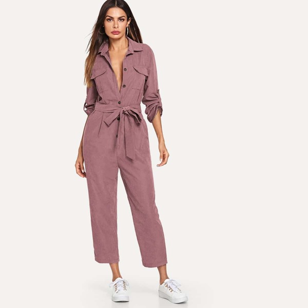 

Pocket Patched Placket Solid Jumpsuit