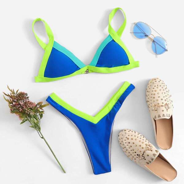 

Contrast Trim Triangle Top With High Leg Bikini, Blue bright
