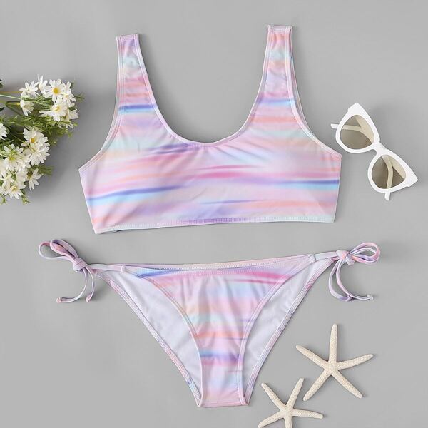 

Random Pattern Scoop Neck Top With Self Tie Side Bikini, Multicolor