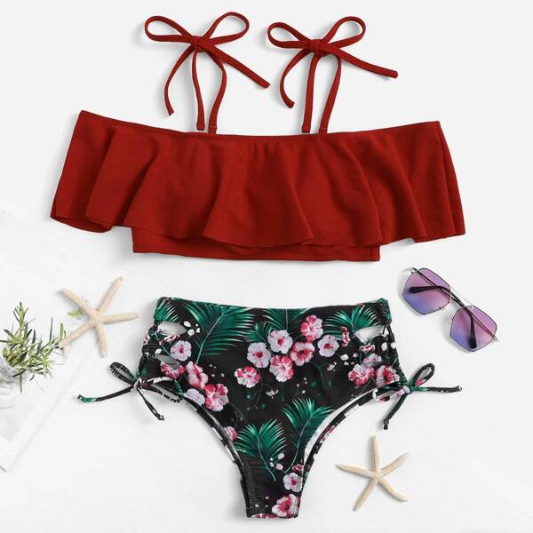 

Flounce Top With Floral Tie Side Bikini Set, Multicolor