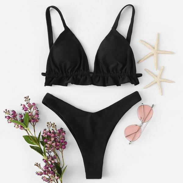 

Frill Trim Top With High Leg Bikini Set, Black