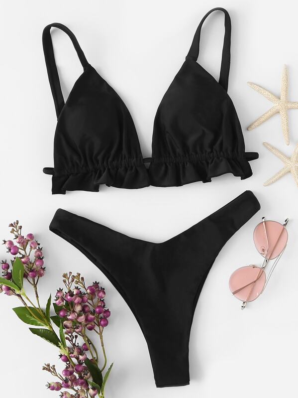 

Frill Trim Top With High Leg Bikini Set, Black