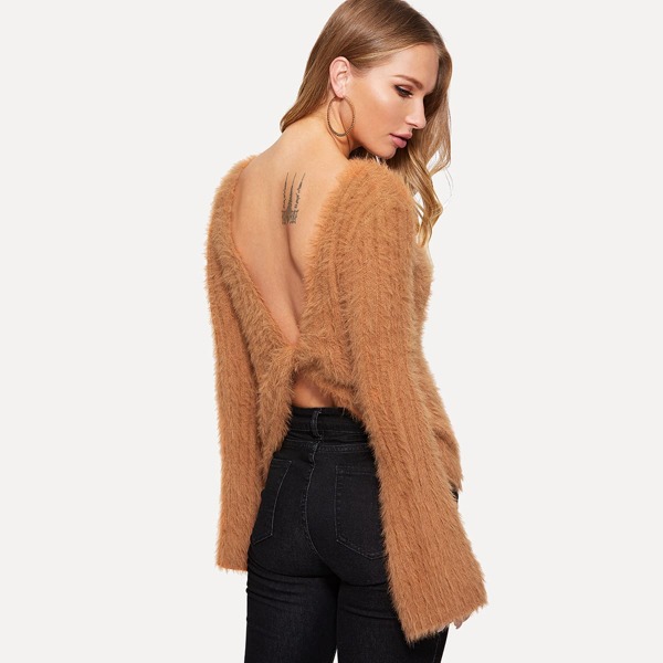 

Twist Open Back Solid Fuzzy Jumper